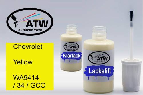 Chevrolet, Yellow, WA9414 / 34 / GCO: 20ml Lackstift + 20ml Klarlack - Set, von ATW Autoteile West.